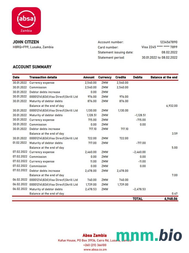 Zambia Absa wyciąg bankowy, Excel i PDF szablon